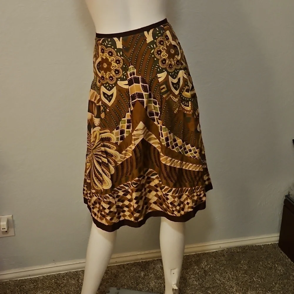 VTG TREVAN Brown Mod Floral Patchwork A-line Silk Blend Skirt